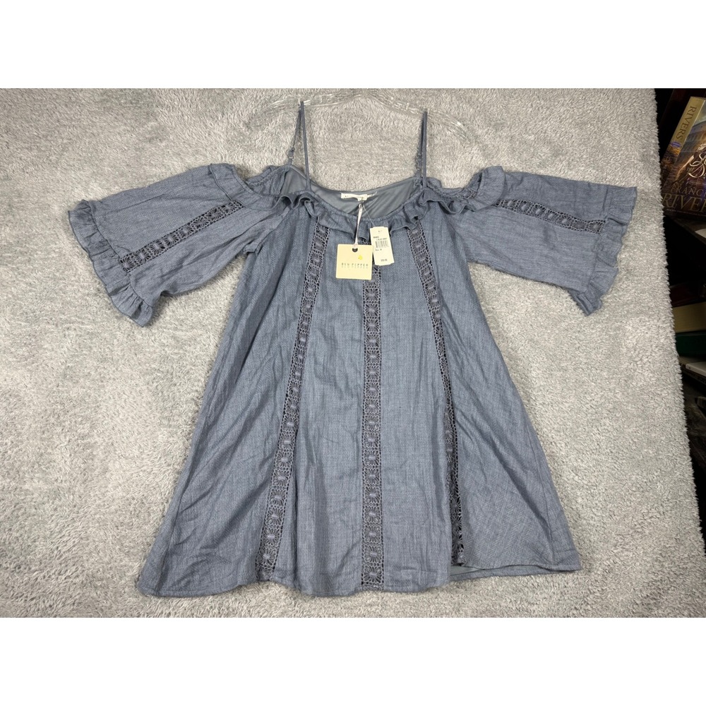 Blu Pepper Dress Womens Medium Blue Gray NWT Cold Shoulder Crochet Boho BA4850
